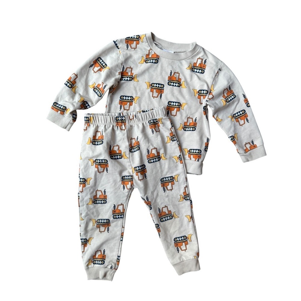 Petit Lem Mini Threads Construction Bulldozer Sweatshirt Jogger Set Beige 24M